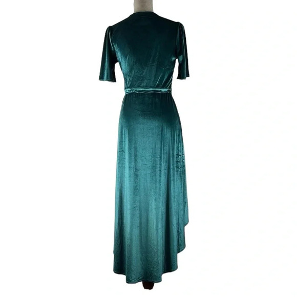Lulus Amour Teal Green Luxe Stretch Velvet High-Low Wrap Dress V-Neck Size M - Picture 6 of 15